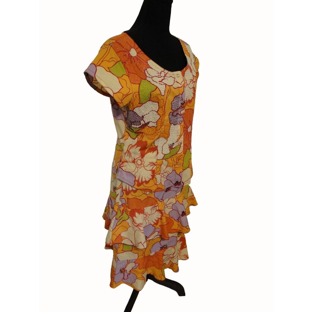 Globe Trotter Bali Top Skirt Set XL L Orange Beaded Snap Ruffle Rayon 2pc Boho - Picture 2 of 13
